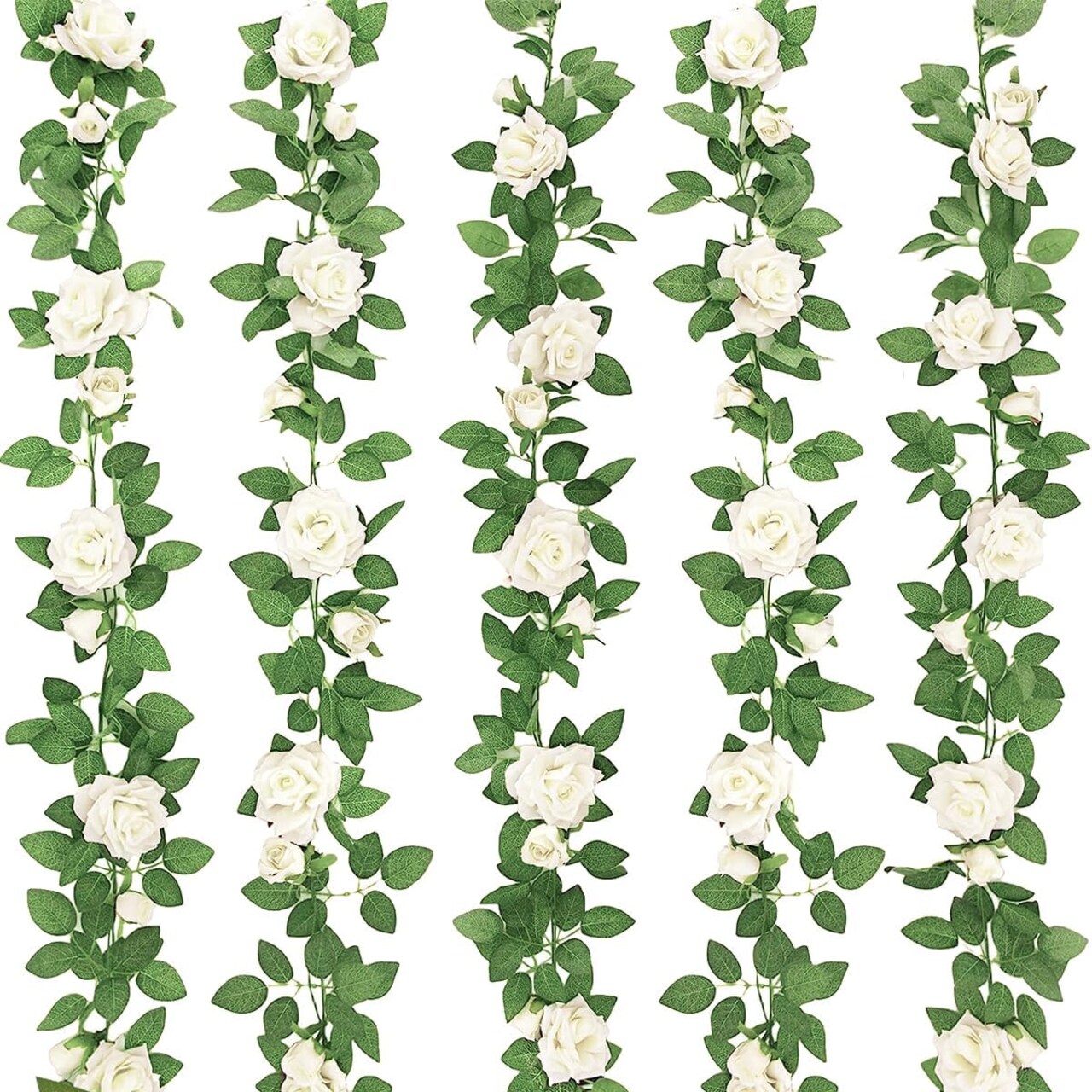5Pcs 32.5FT White Flower Spring Garland Fake Vines Faux Artificial Floral Garland for Wedding Decortions Hanging Rose
